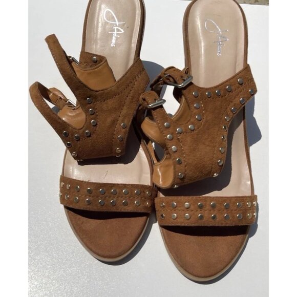 J Adams Brown Print Women’s Sz 11 Gold Studded Double Belt Strap Heel Shoes - Picture 3 of 16